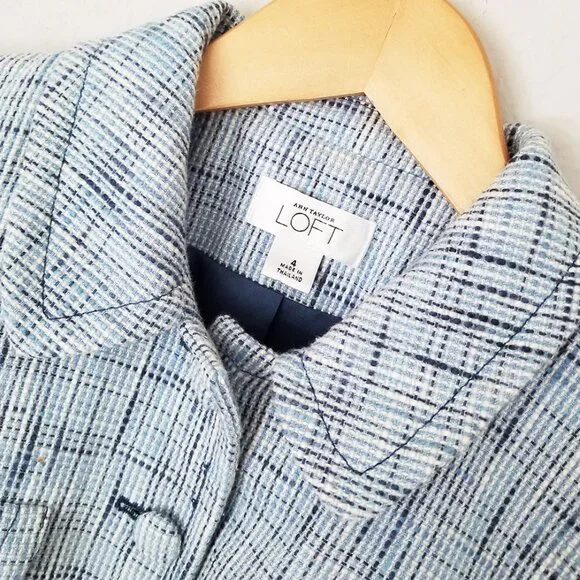 LOFT Ann Taylor Light Blue Tweed 100% Cotton Blazer Jacket 4 Preppy Office Boho - Picture 7 of 15